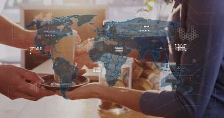 Image of data processing and world map over caucasian woman holding cup of coffee