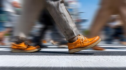A person wea yellow shoes walks quickly across a white pedestrian crosswalk in the city, creating a sense of motion and blurred background on a sunny day.