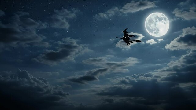 A witch flying on a broomstick against a full moon, surrounded by clouds in a starry night sky, evoking a mystical atmosphere