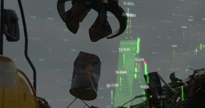 Image of financial graphs and data over junkyard