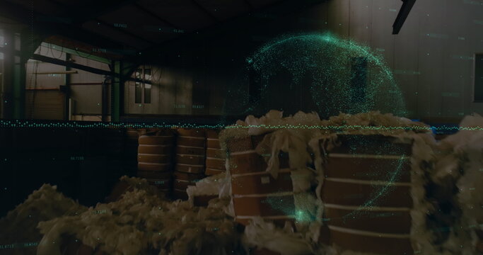 Image of financial graphs and data over warehouse with trash