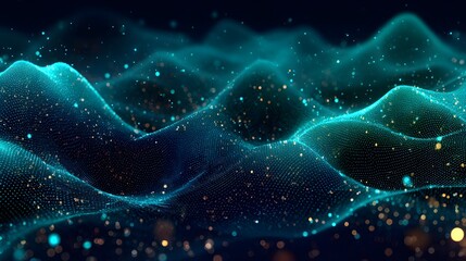 Abstract glowing teal wave pattern with golden particles floating on dark background creates dynamic futuristic and technological aesthetic with depth and movement.