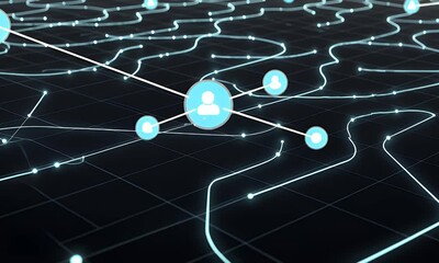 Abstract Digital Network With Connected Nodes and Lines on Black Background Represents Futuristic Global Communication and Social Connections Optimized for Adobe Stock