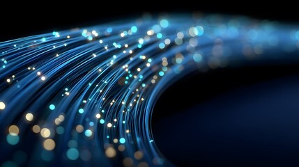 A mesmerizing view showcases blue optical fibers glowing with light, illustrating modern communication technology and the rapid transfer of data for global networks.