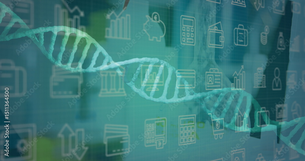 Canvas Prints image of spinning dna strand an data processing over caucasian scientist in laboratory