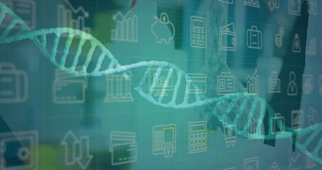 Image of spinning dna strand an data processing over caucasian scientist in laboratory