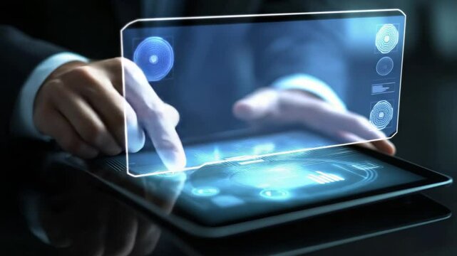 Innovative digital interface on tablet displaying global network connection and hud elements - Powered by Adobe