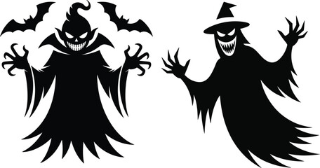 Set of halloween silhouettes, High-quality Halloween vector illustration featuring spooky and fun design elements including ghosts, jack-o'-lanterns, bats, witches, skulls, and spider webs.