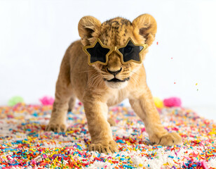 Adorable Baby Lion Cub Dancing in Star Sunglasses on a Sprinkle Rug