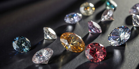 Various gemstones of different colors and shapes are spread across a dark surface