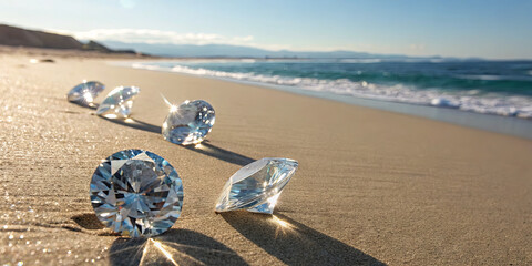 A collection of sparkling diamonds lies on the warm sand of a beach, illuminated by sunlight. Gentle ocean waves lap at the shore, enhancing the tranquil atmosphere