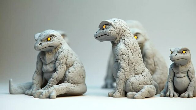 Group of Stone Reptile Figurines with Glowing Eyes Close Up
