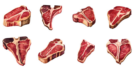 Multiple vector illustrations T-bone steak, watercolor style