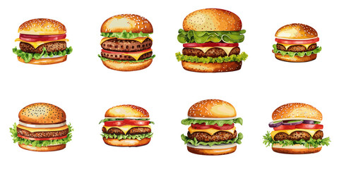 Multiple vector illustrations hamburger, watercolor style