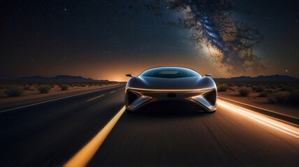Obraz premium A futuristic sports car racing on a desert road under the stunning night sky.