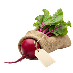 Fresh Beetroot in Burlap Sack with Tag: Vibrant Produce for Healthy Eating on transparent background