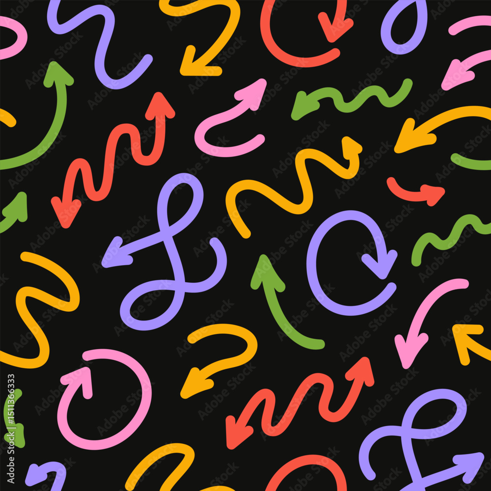 Poster hand drawn seamless pattern of colorful arrows for business plan, presentation and education. vector