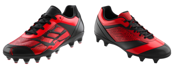  Modern Red and Black Soccer Cleats with Studs, angled side view 3D render, isolated on transparent background PNG