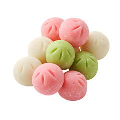 Delicious Japanese Wagashi Sweets: Pink, Green, White Mochi Candies on transparent background