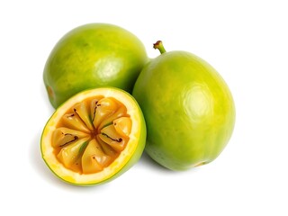 Fresh and Juicy Green Jew Plum Fruit Still Life on White Background