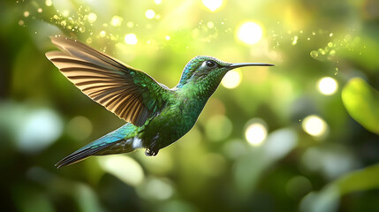 Obraz premium A hummingbird in flight, illuminated by sunlight.