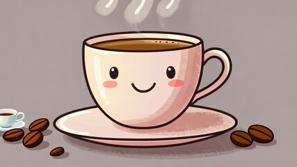A smiling cup with steaming coffee, surrounded by beans - Powered by Adobe