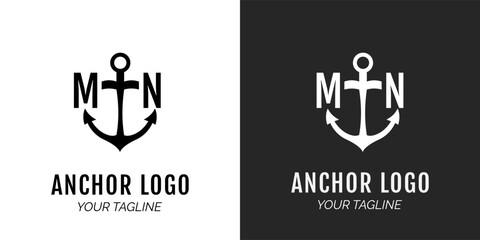 Monogram logo featuring a bold anchor symbol with stylized M and N letters. Ideal for marine branding, nautical apparel, navy identity, or adventure themes.