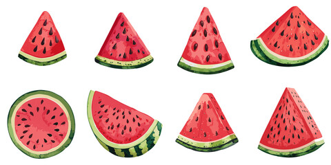 Multiple vector illustrations sliced watermelon, watercolor style