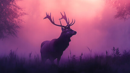 Obraz premium Majestic deer in a dreamy, misty landscape.