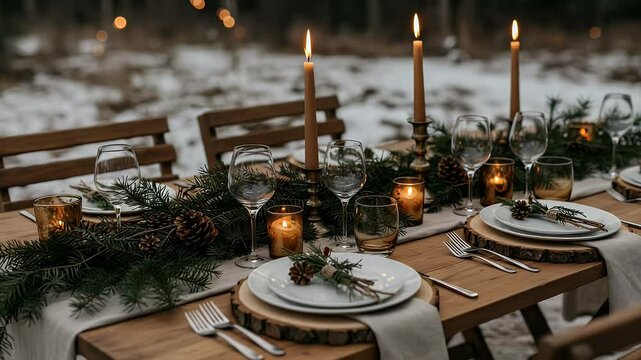 Elegant winter outdoor dining setup with candles and pine decor, set in a snowy landscape, creating a cozy atmosphere