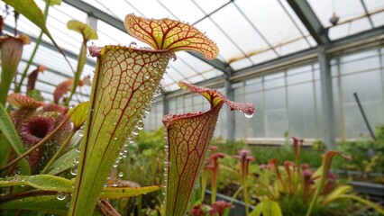 Rainforest Nepenthes Pitchers Glowing with Morning Dew Carnivorous Close up