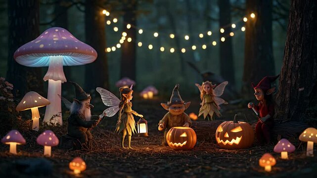 Enchanted forest scene at night with fairies and goblins carving pumpkins under glowing lights and mushrooms