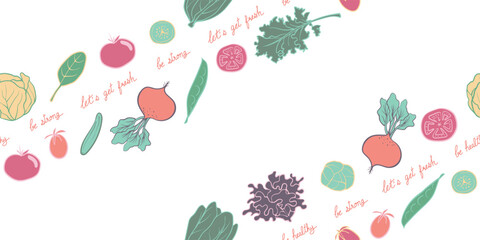 Seamless mixed vegetable in hand-drawn doodle illustration style with wording, fresh, strong, and healthy, pastel colorful on a white background. Veggie Time! Series.