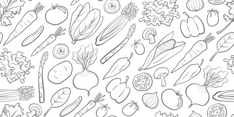 Seamless mixed vegetable pattern in hand-drawn doodle illustration style, purple outline on a white background. Veggie Time! Series.