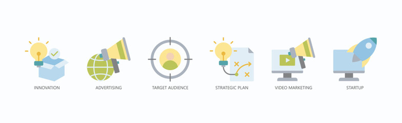Ideas & Strategy Icon Set Isolated Vector With Icon Of Innovation, Advertising, Target Audience, Strategic Plan, Video Marketing, Startup In Flat Style
