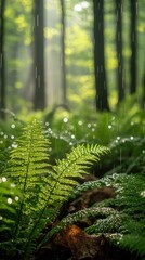 Smoky mountain ferns on forest floor with rain droplets and golden sunlight creating magical woodland atmosphere