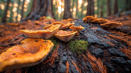 Redwood forest floor detailed view showing cinnamon-colored pine needles, moss patches on decomposing bark, tiny mushrooms with golden hour lighting creating natural texture patterns