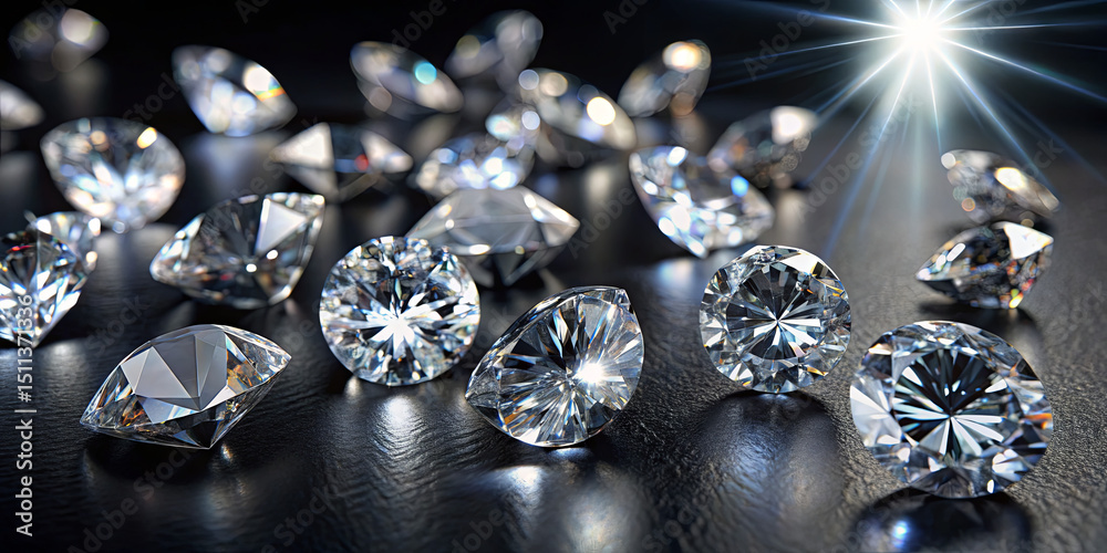 Poster glistening diamonds are strewn across a dark surface, catching and reflecting light in various angle