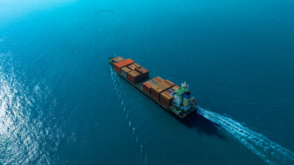 Aerial view of the freight shipping transport system cargo ship container. international...