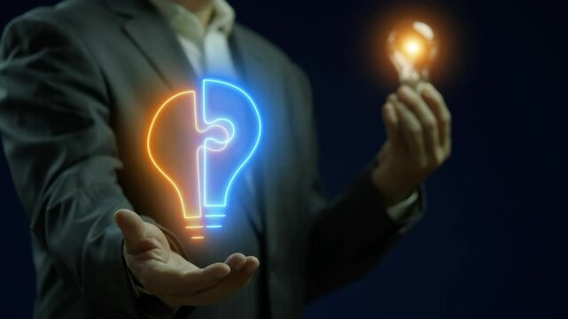 Brainstorm concept, method of generating ideas and sharing knowledge to solve a particular commercial or technical problem. Businessman shows animated Brainstorm icon on virtual screen.