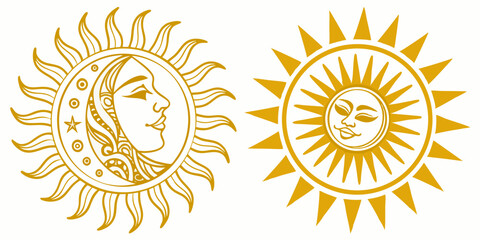 Yellow Sun Icon Set – Sunshine, Solar Glow, Sunrise and Sunset Vector Signs

