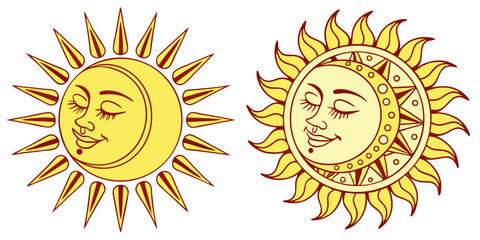 Yellow Sun Icon Set – Sunshine, Solar Glow, Sunrise and Sunset Vector Signs

