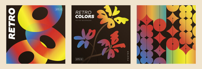 Postmodern geometric square banner set. Abstract composition with vector shapes in brutalism aesthetics. Mosaic of brutal figures in trendy color retro. Futuristic cards with modernist ornament