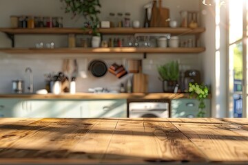 high definition view of blurred kitchen interior and napkin and desk space