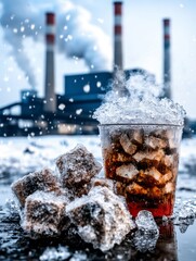 Frozen Drink in Winter Cold Beverage with Ice Cubes near Industrial Smokestacks
