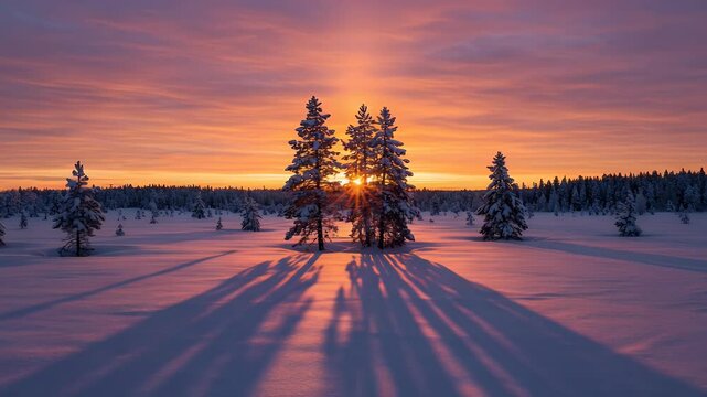 Serene winter landscape at sunset with silhouetted trees casting long shadows over a snow-covered field