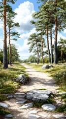 Sunlit Path Through a Pine Forest A Serene Nature Scene