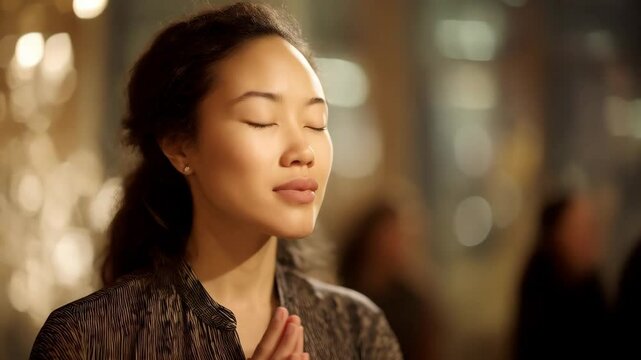 Young adult woman meditating with eyes closed and hands together in prayer pose with blurred people in the background