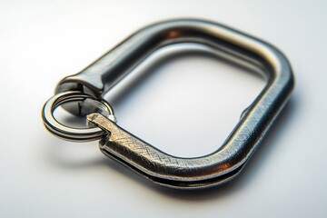 Closeup of metal carabiner keychain, stainless steel accessory, durable hardware, safety equipment