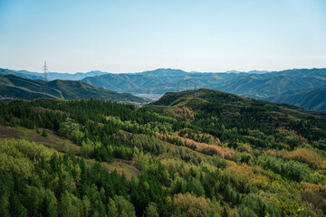 Green forest on mountain hills with clear blue sky and distant mountain range in background, peaceful natural landscape